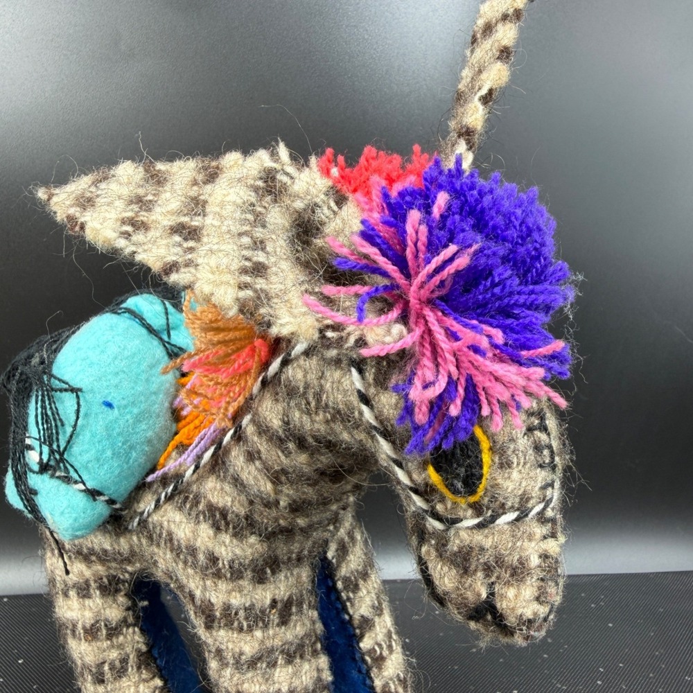 Vintage Mexican Folk Art Woven Wool Burro Donkey Figurine Colorful Yarn Pom Poms - Picture 7 of 11